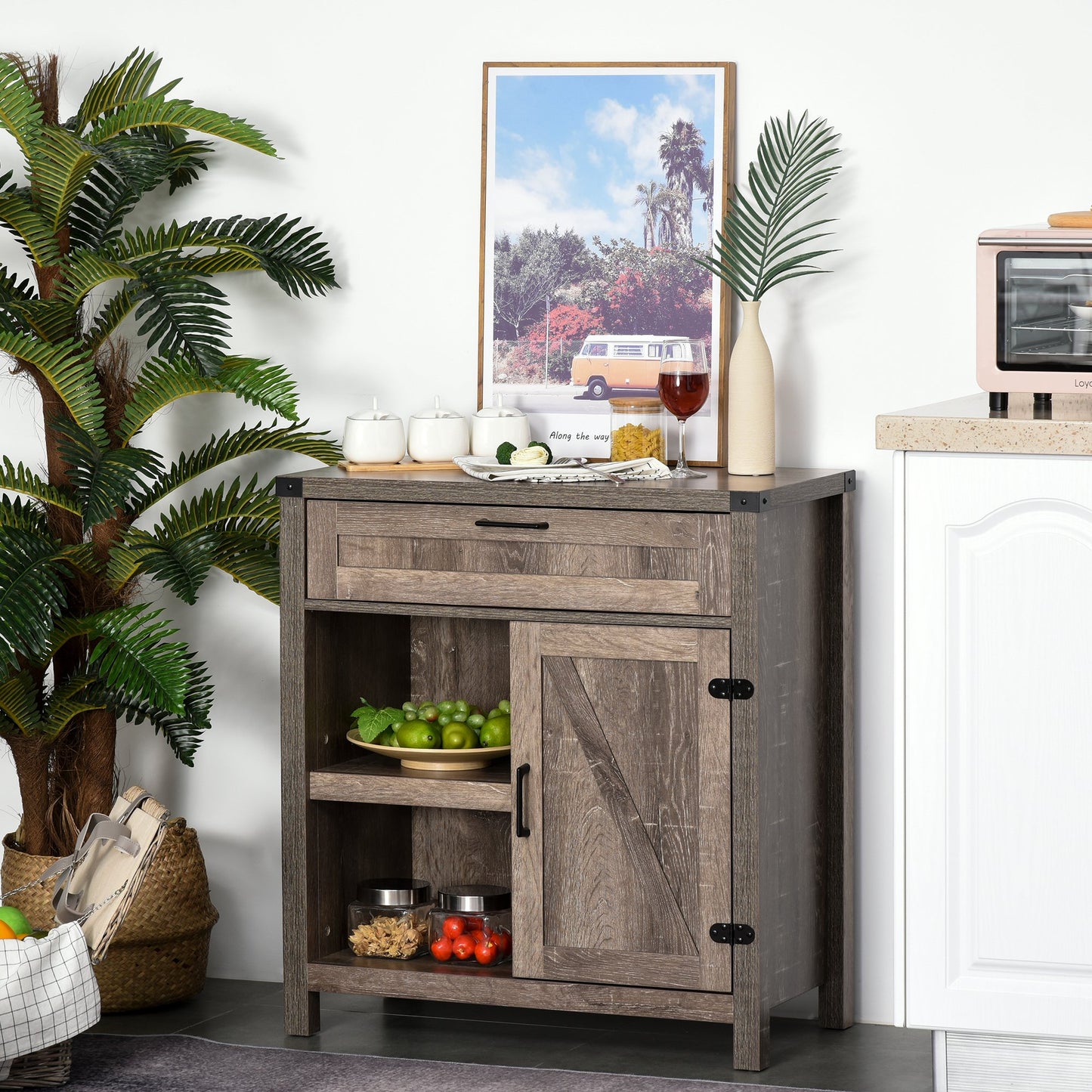 HOMCOM Rustic Barn Door Storage Cabinet Modern Farmhouse Buffet